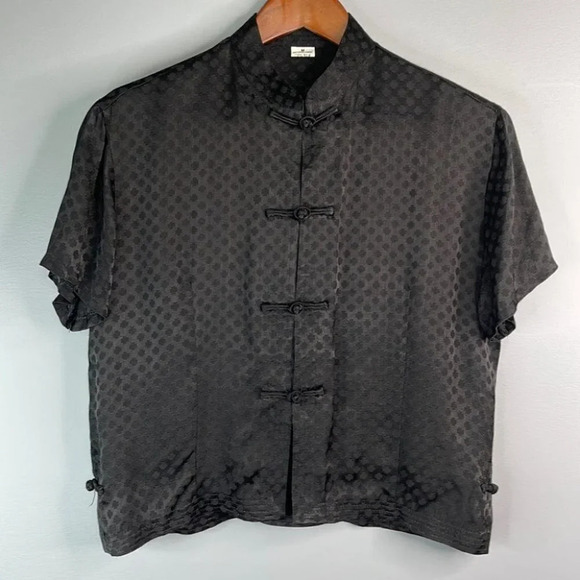 MANDERIN Style Silk Pattern Blouse Black Short Sleeve Toggle Knot Closure M - Picture 12 of 12